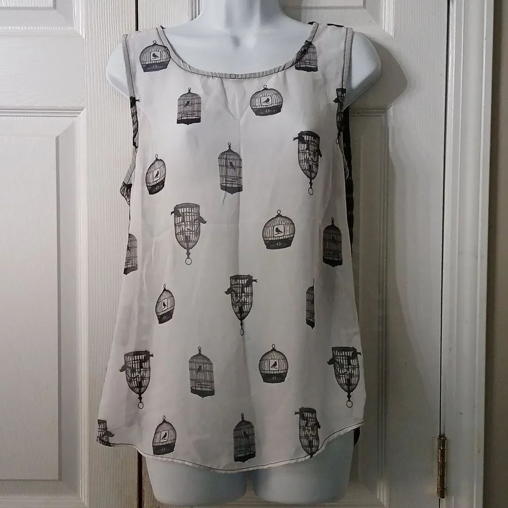 Penelope  white and black birdcage printed sleeveless semi sheer blouse Sz M EUC